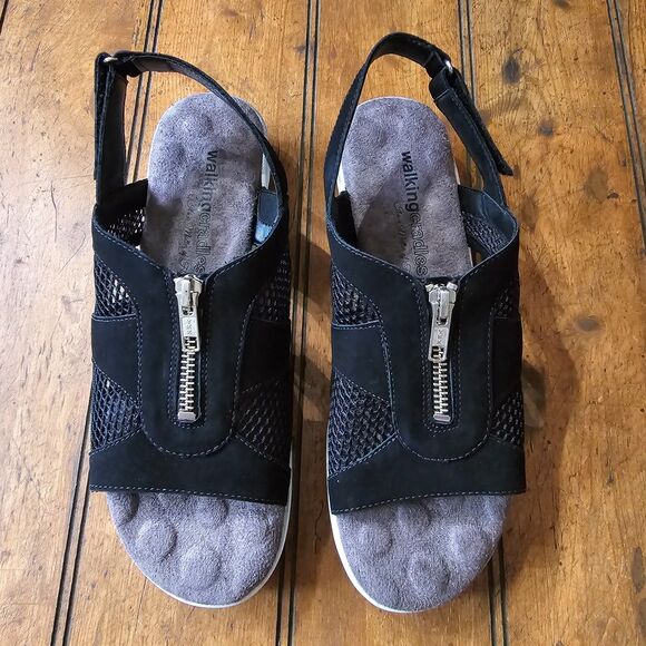 WALKING CRADLES Spencer Leather Slingback Sandals Size 5.5 M Black - Picture 2 of 7